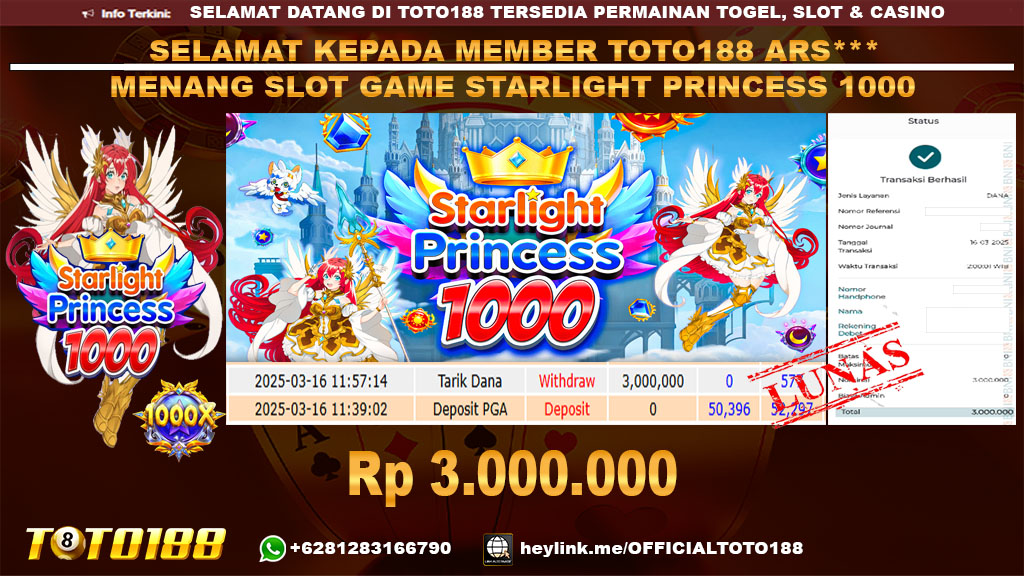 Bukti JP Kemenangan SLOT GAME STARLIGHT PRINCESS 1000 16 MAR 25