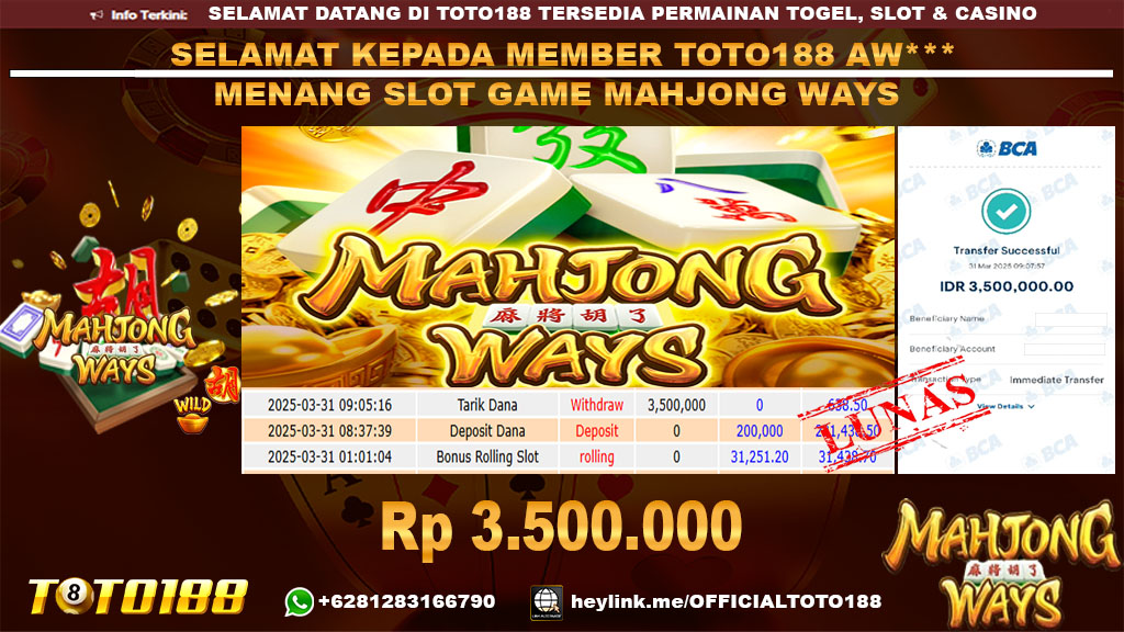 Bukti JP Kemenangan SLOT GAME MAHJONG WAYS 31 MAR 25
