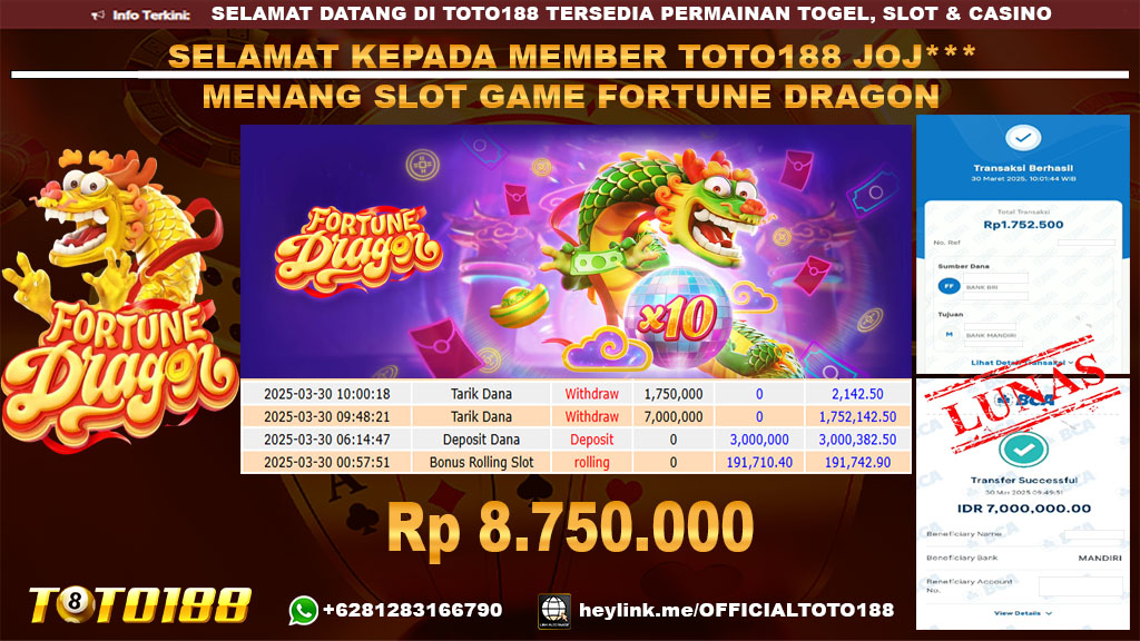 Bukti JP Kemenangan SLOT GAME FORTUNE DRAGON 30 MAR 25