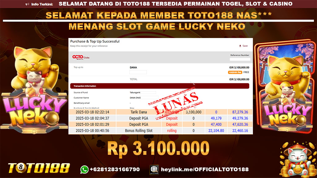 Bukti JP Kemenangan SLOT GAME LUCKY NEKO 18 MAR 25
