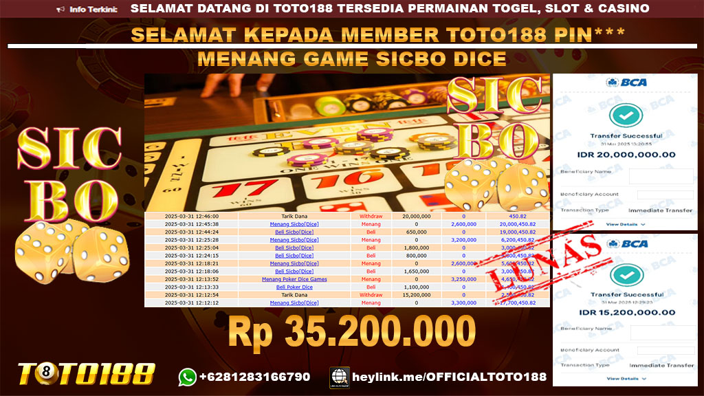 Bukti JP Kemenangan GAME SICBO DICE 31 MAR 25