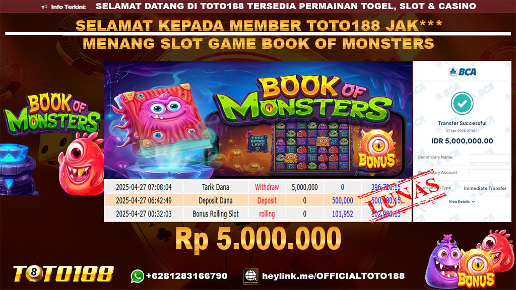 Bukti JP Kemenangan SLOT GAME BOOK OF MONSTERS 27 APR 25