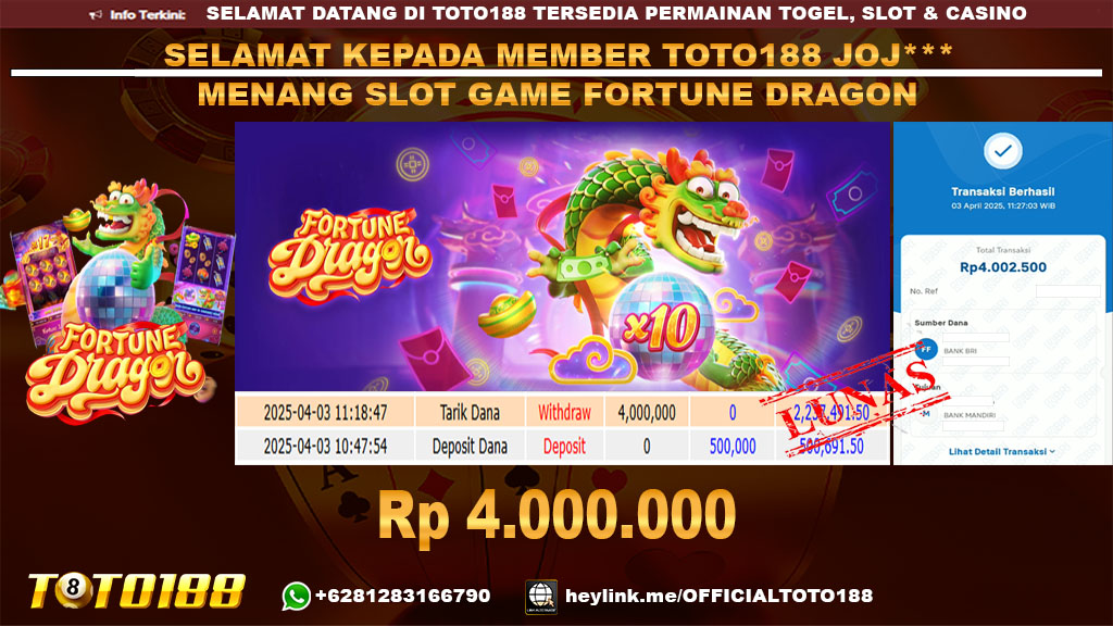 Bukti JP Kemenangan SLOT GAME FORTUNE DRAGON 03 APR 25