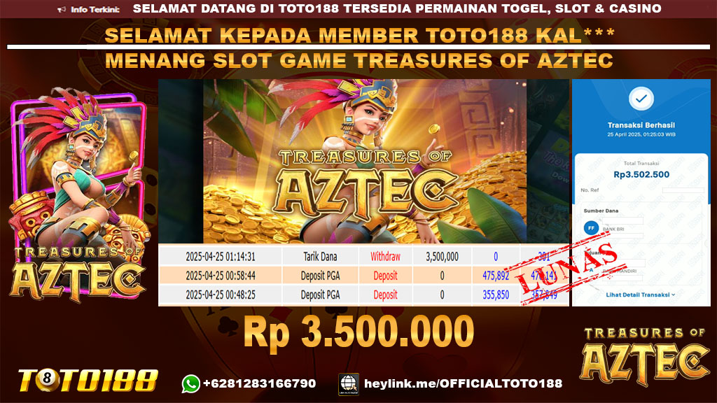 Bukti JP Kemenangan SLOT GAME TREASURES OF AZTEC 25 APR 25