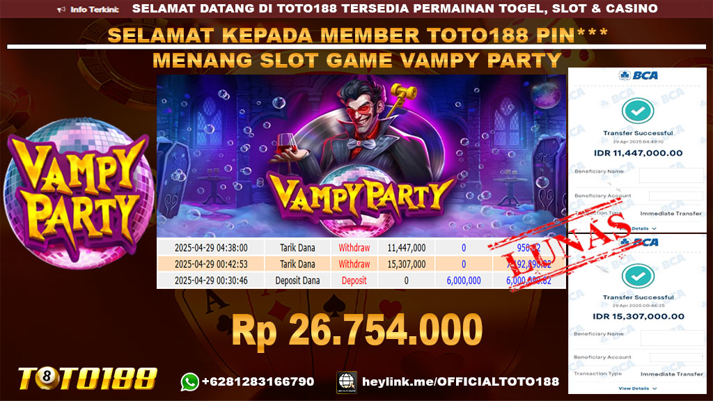Bukti JP Kemenangan SLOT GAME VAMPY PARTY 29 APR 25