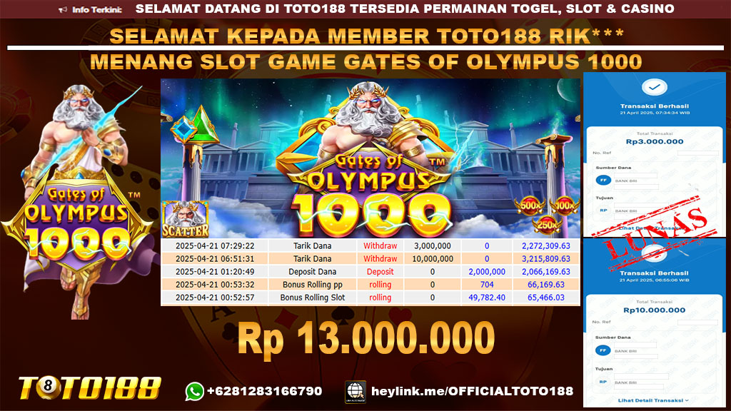 Bukti JP Kemenangan SLOT GAME GATES OF OLYMPUS 21 APR 25