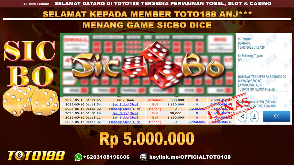 Bukti JP Kemenangan GAME SICBO DICE 16 MEI 2025