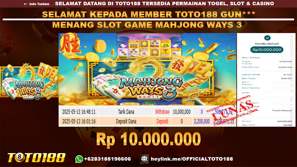 Bukti JP Kemenangan SLOT GAME MAHJONG WAYS 3 13 Mei 25