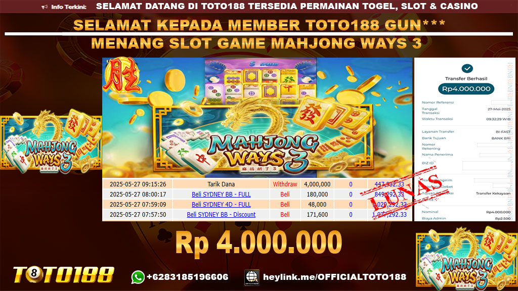 Bukti JP Kemenangan SLOT GAME MAHJONG WAYS 3 27 Mei 25
