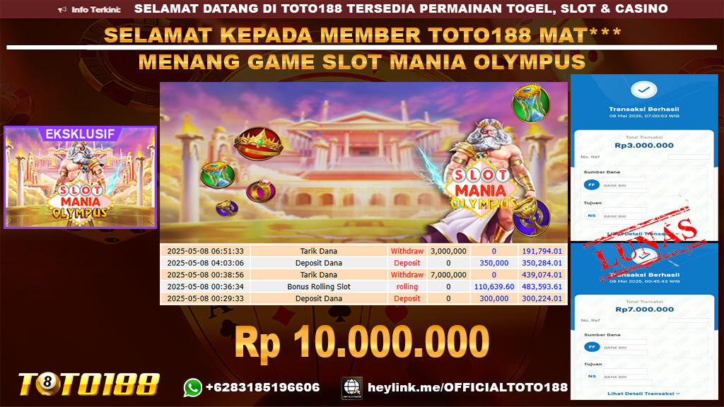Bukti JP Kemenangan GAME SLOT MANIA OLYMPUS 08 MEI 25