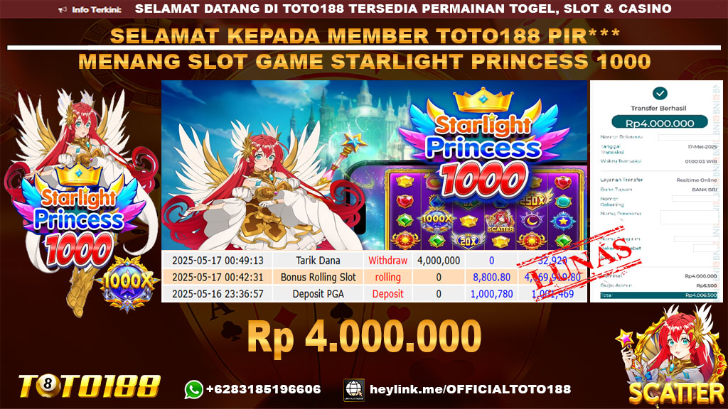 Bukti JP Kemenangan SLOT GAME STARLIGHT PRINCESS 1000 17 MEI 25