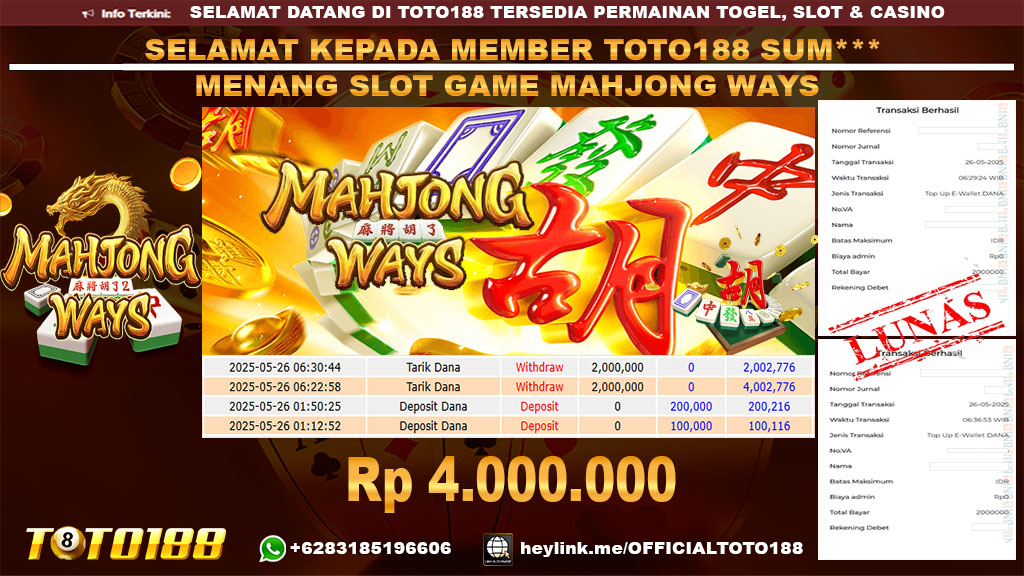 Bukti JP Kemenangan SLOT GAME MAHJONG WAYS 26 Mei 25