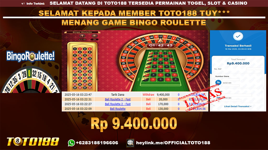 Bukti JP Kemenangan GAME BINGO ROULETTE 16 MEI 25