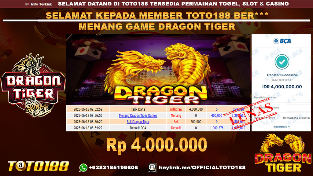 Bukti JP Kemenangan GAME DRAGON TIGER 18 JUN 25