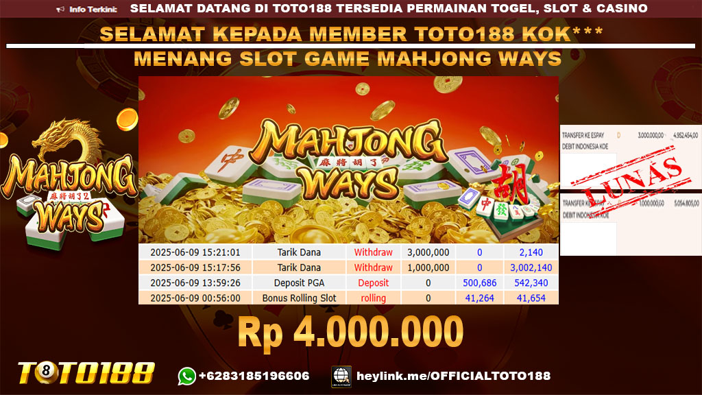 Bukti JP Kemenangan SLOT GAME MAHJONG WAYS 09 JUN 25