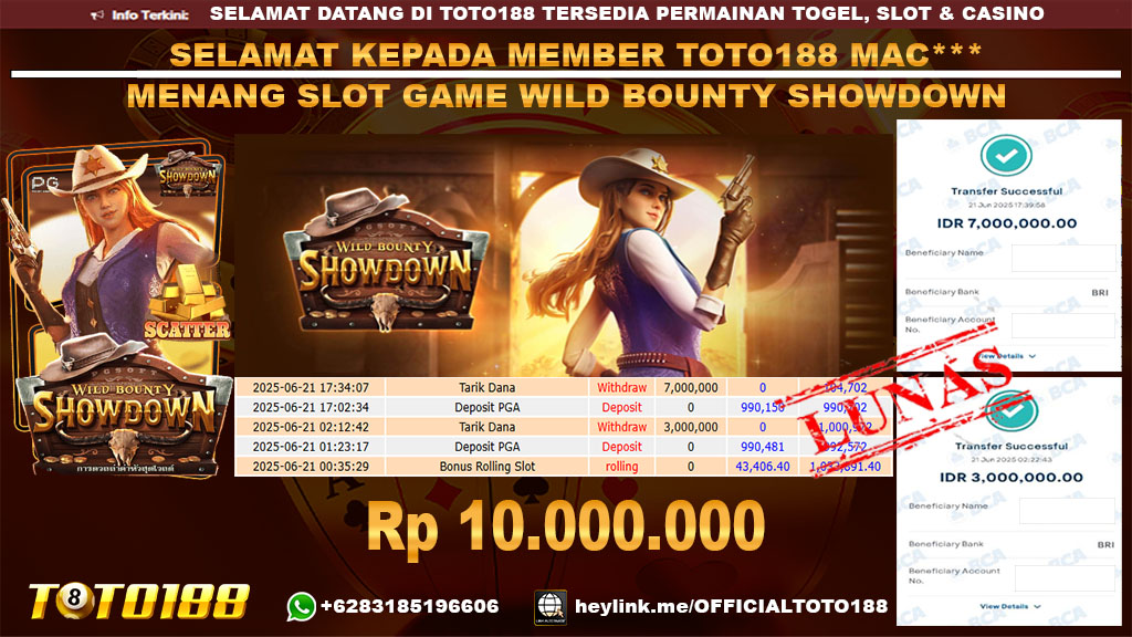 Bukti JP Kemenangan SLOT GAME WILD BOUNTY SHOWDOWN 21 JUNI 25