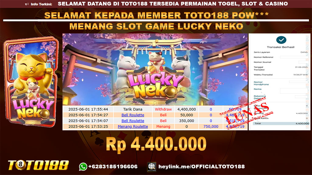 Bukti JP Kemenangan SLOT GAME LUCKY NEKO 01 JUNI 25