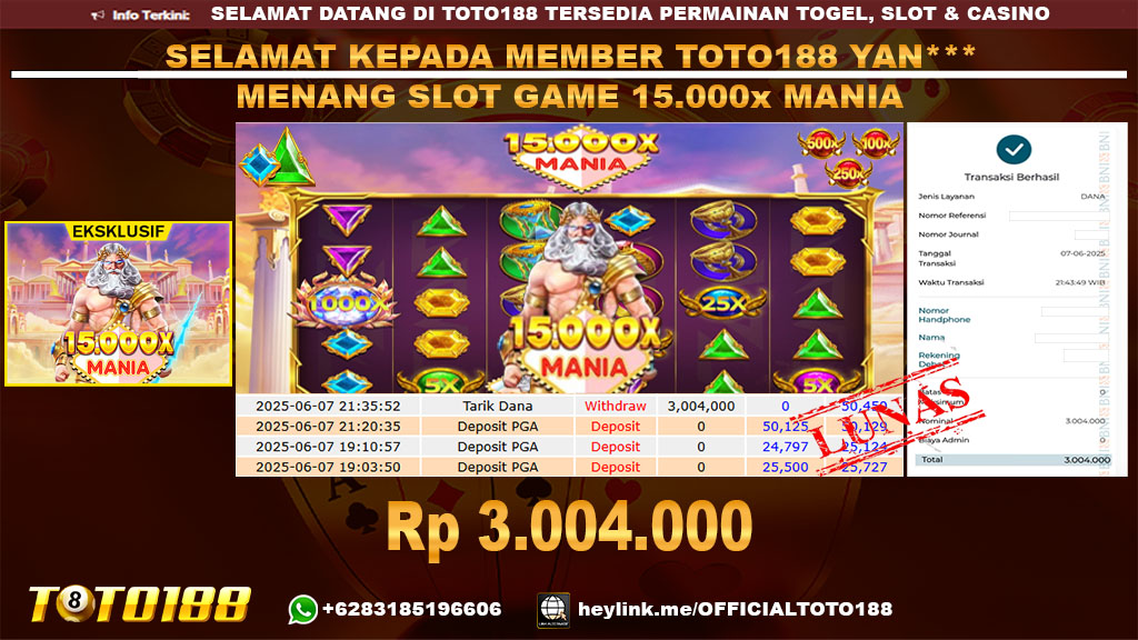 Bukti JP Kemenangan SLOT GAME 15000X MANIA 07 JUN 25