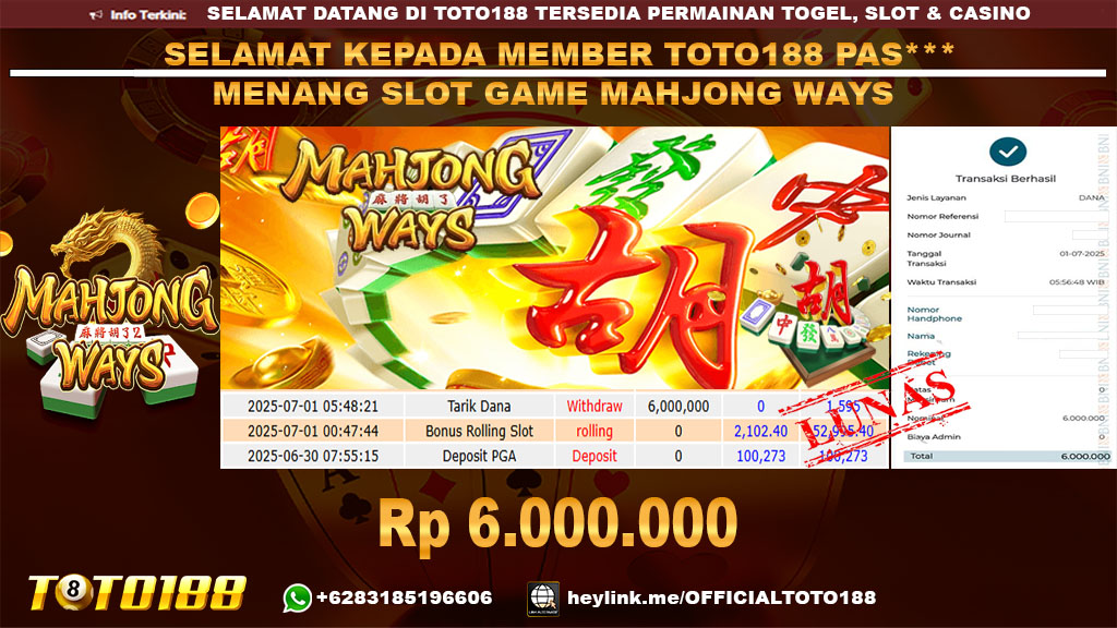 Bukti JP Kemenangan SLOT GAME MAHJONG WAYS 01 JUL 25