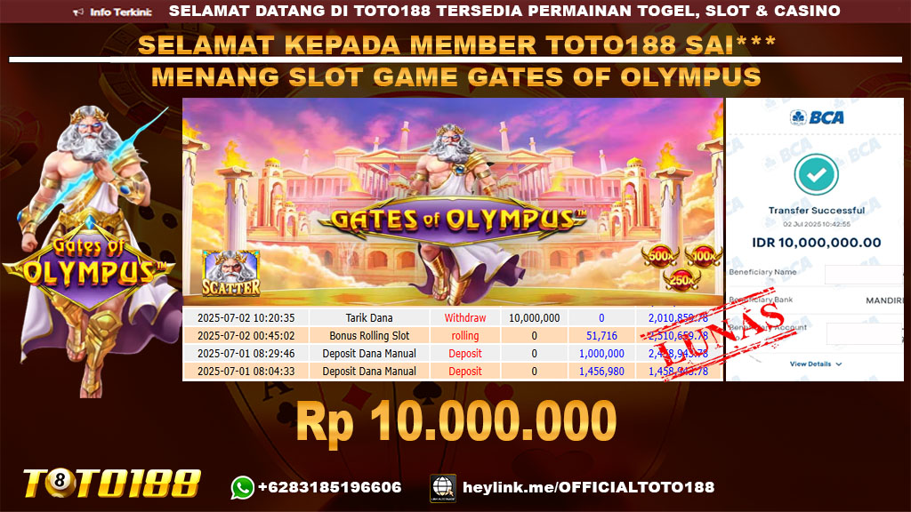 Bukti JP Kemenangan SLOT GAME GATES OF OLYMPUS 02 JUL 25