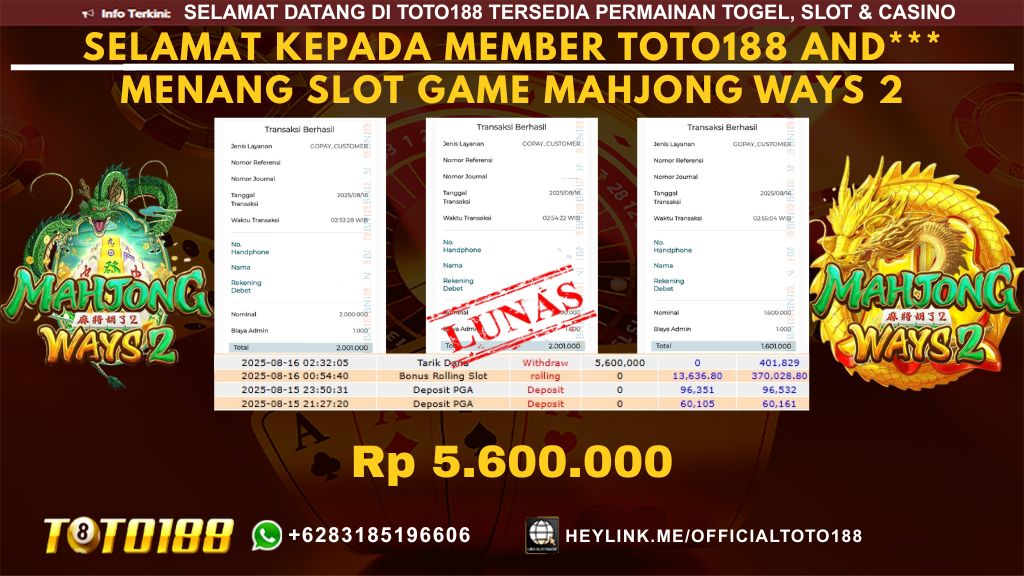 Bukti JP Kemenangan SLOT GAME MAHJONG WAYS2 16 AGU 25