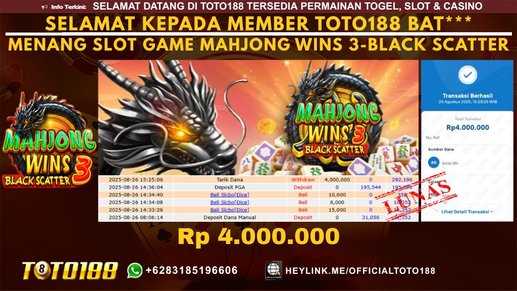Bukti JP Kemenangan SLOT GAME MAHJONG WINS 3-BLACKSCATTER 26 AUG 25