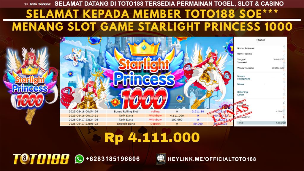 Bukti JP Kemenangan SLOT GAME STARLIGHT PRINCESS 1000 18 AGU 25