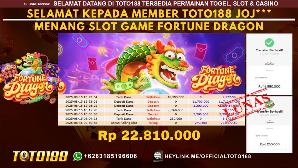 Bukti JP Kemenangan SLOT GAME FORTUNE DRAGON 15 AUG 25
