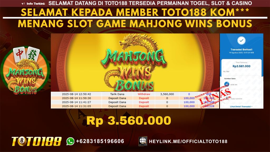 Bukti JP Kemenangan SLOT GAME MAHJONG WINS BONUS 14 AGU 25