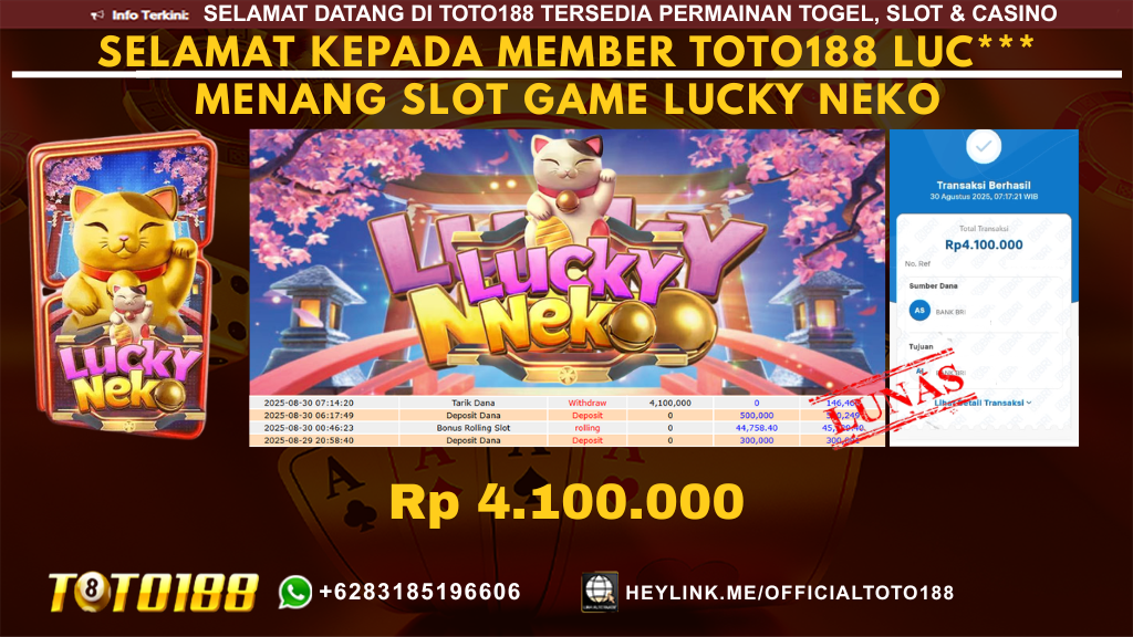 Bukti JP Kemenangan SLOT GAME LUCKY NEKO 30 AGU 25
