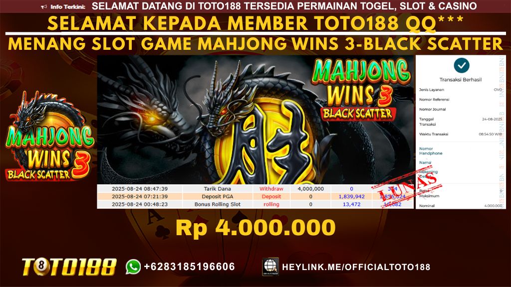 Bukti JP Kemenangan SLOT GAME MAHJONG WINS 3-BLACKSCATTER 24 AUG 25