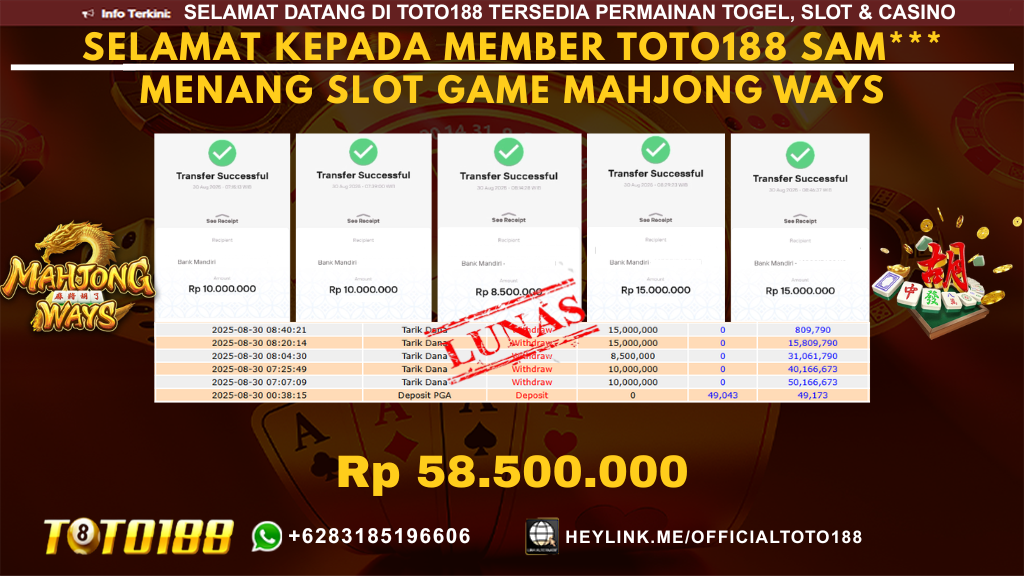 Bukti JP Kemenangan SLOT GAME MAHJONG WAYS 30 AGU 25