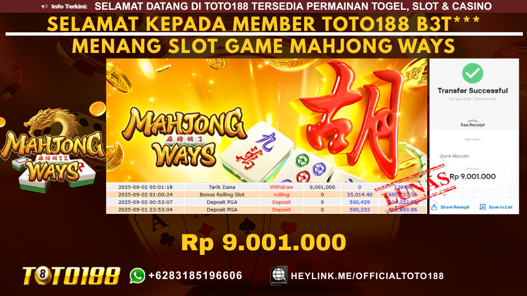 Bukti JP Kemenangan SLOT GAME MAHJONG WAYS 02 SEPT 25
