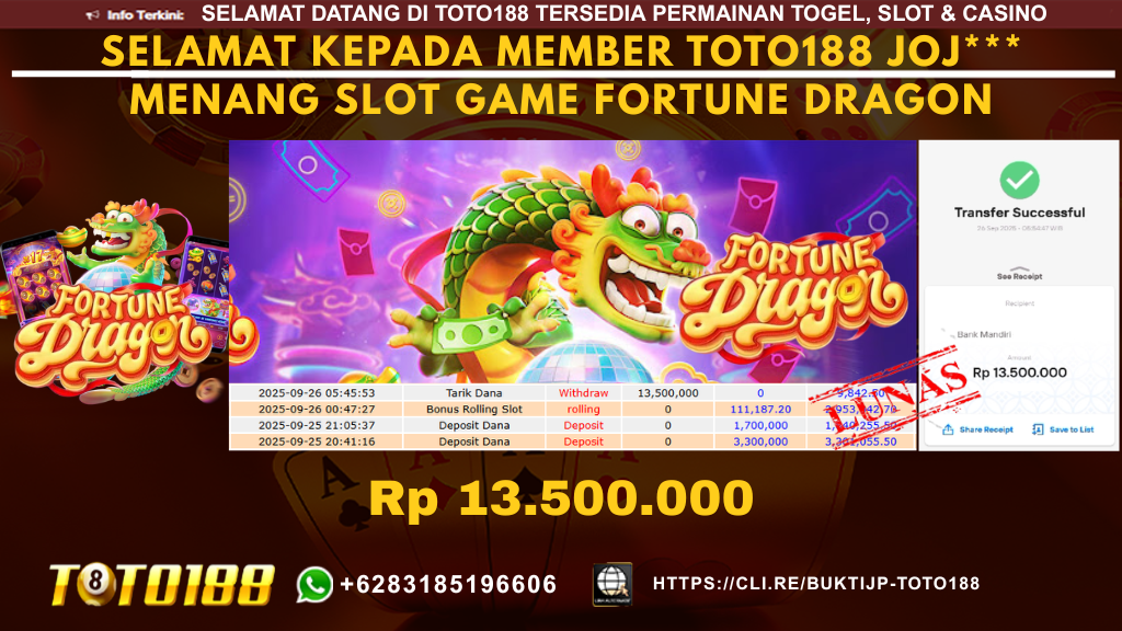 Bukti JP Kemenangan SLOT GAME FORTUNE DRAGON 26 SEPT 25