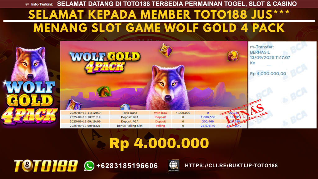Bukti JP Kemenangan SLOT GAME WOLF GOLD 4 PACK 13 SEPT 25
