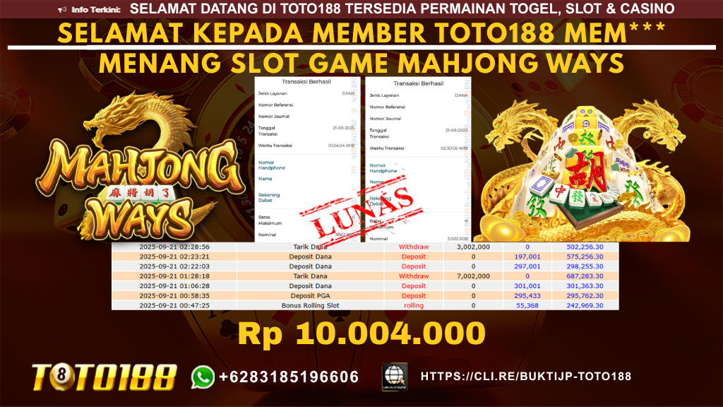 Bukti JP Kemenangan SLOT GAME MAHJONG WAYS 21 SEPT 25