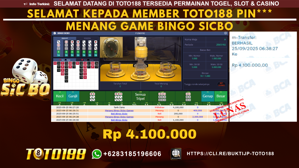 Bukti JP Kemenangan GAME BINGO SICBO 25 SEPT 25