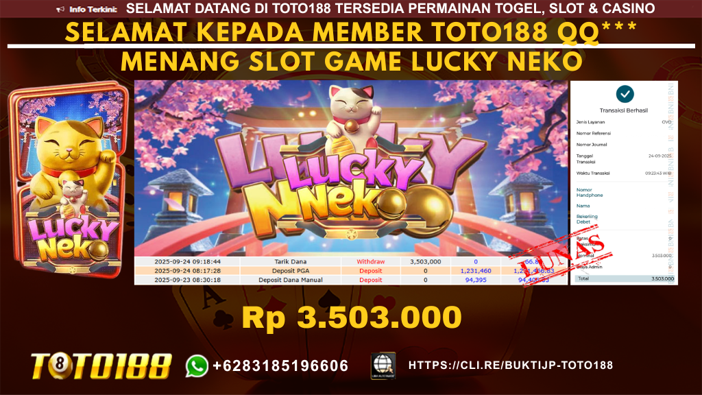 Bukti JP Kemenangan SLOT GAME LUCKY NEKO 24 SEPT 25