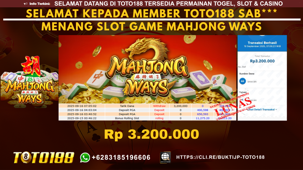 Bukti JP Kemenangan SLOT GAME MAHJONG WAYS 16 SEPT 25